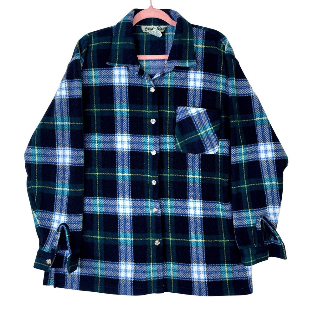 Cindy Bai Fleece Button Up Shirt Mens Large Blue Teal Plaid Long Sleeve Shacket